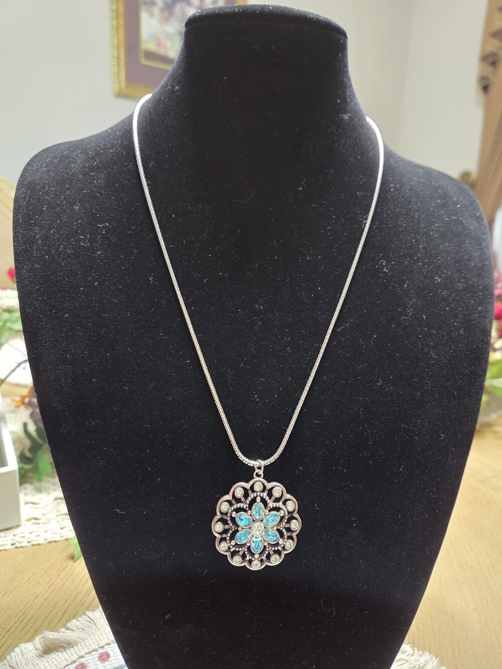 Touchstone Crystal Silver Necklace with Turquoise Flower Pendant